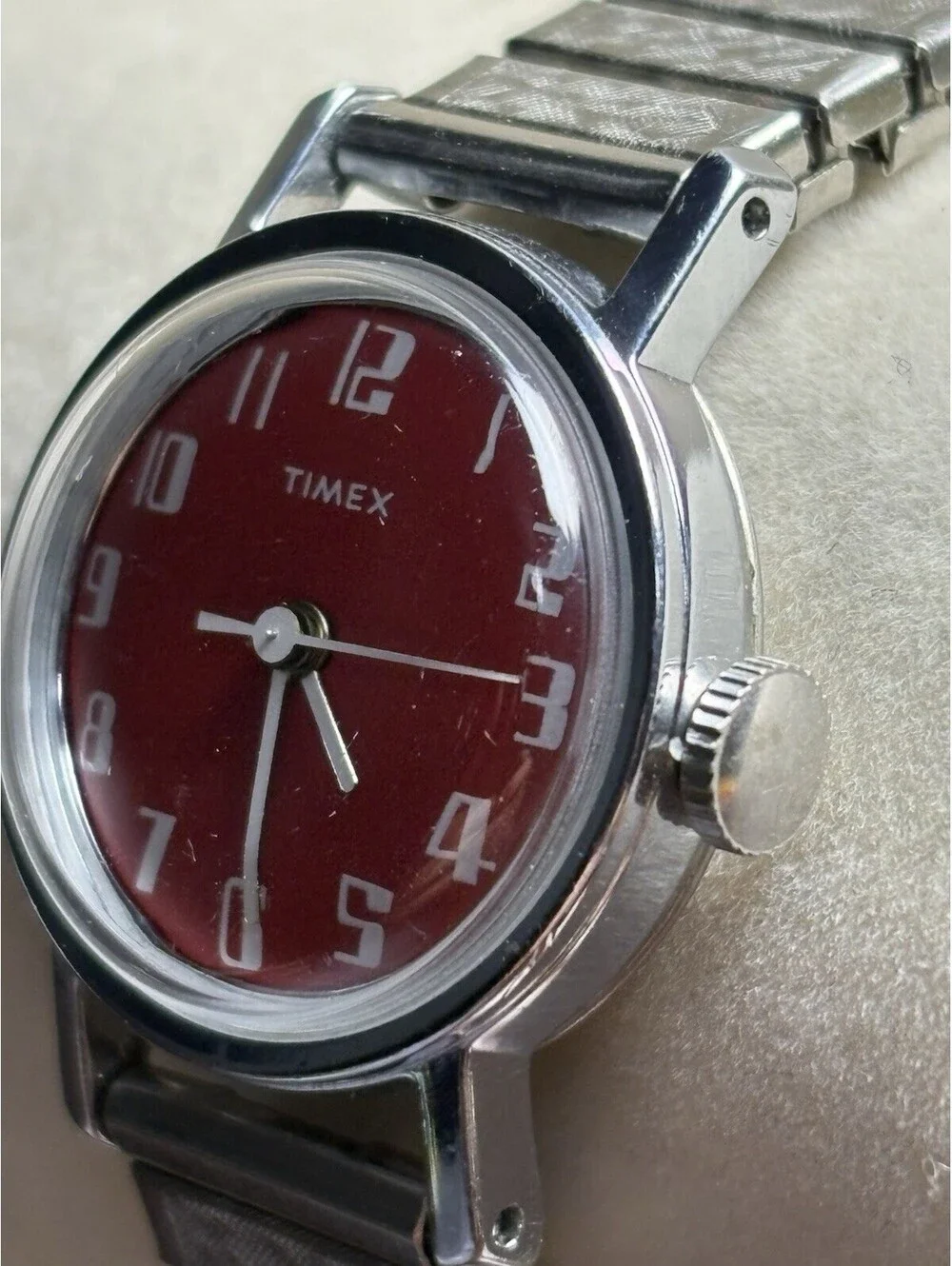 Timex Vintage Women's Mechanical Analog Watch Red Dial Silver Bracelet